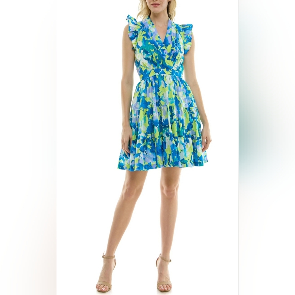 Size M/TAYLOR SLEEVELESS MULTICOLOR FLORAL PRINT TIERED MINI DRESS WITH POCKETS